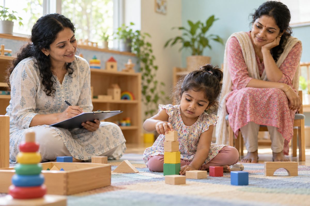 A therapist observing a small girl stacking blocks while her mother watches