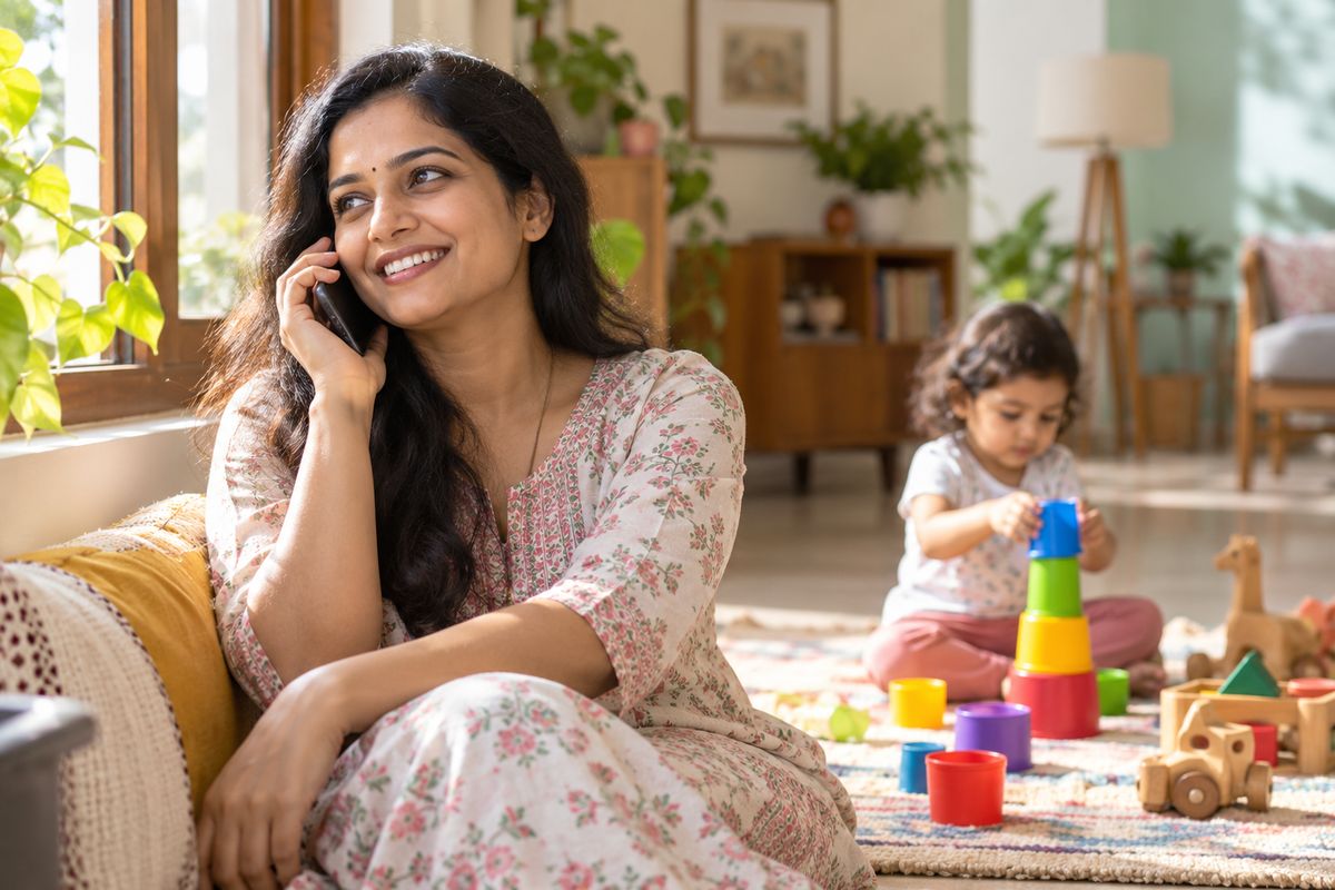 A mother on the phone at home while her child plays behind her