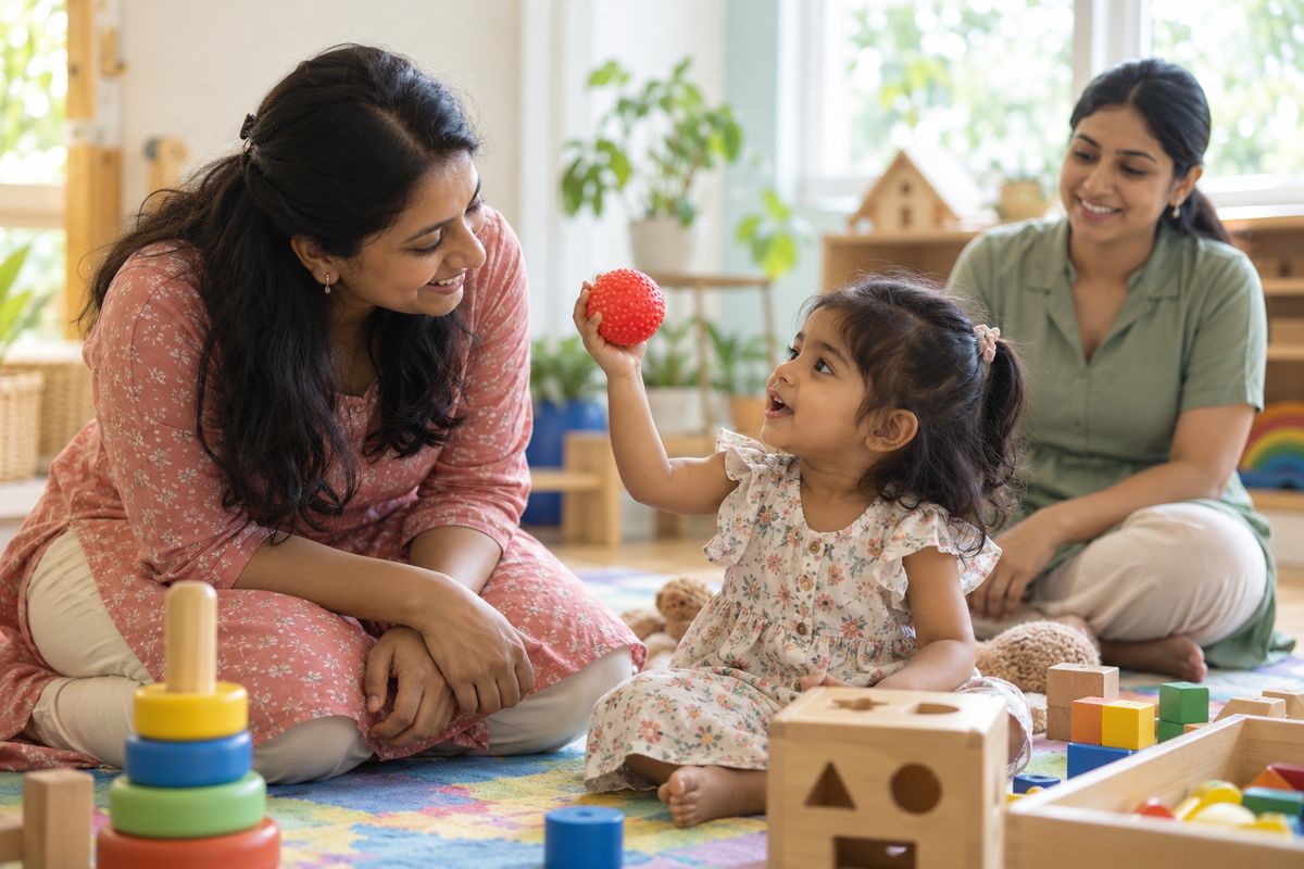 A mother and her small daughter playing with a ball during a therapy session, a therapist beside them