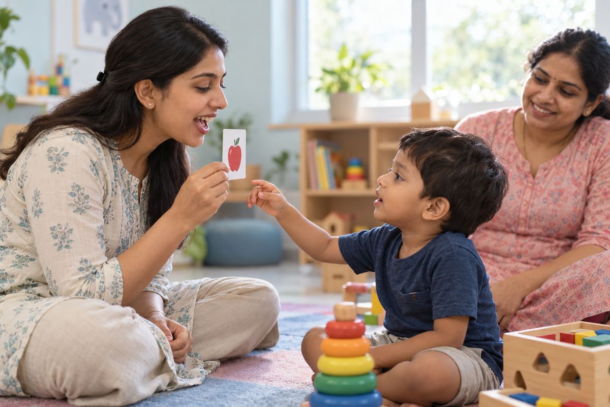 A speech therapist holding a picture card by her mouth as a toddler reaches for it, his mother watching